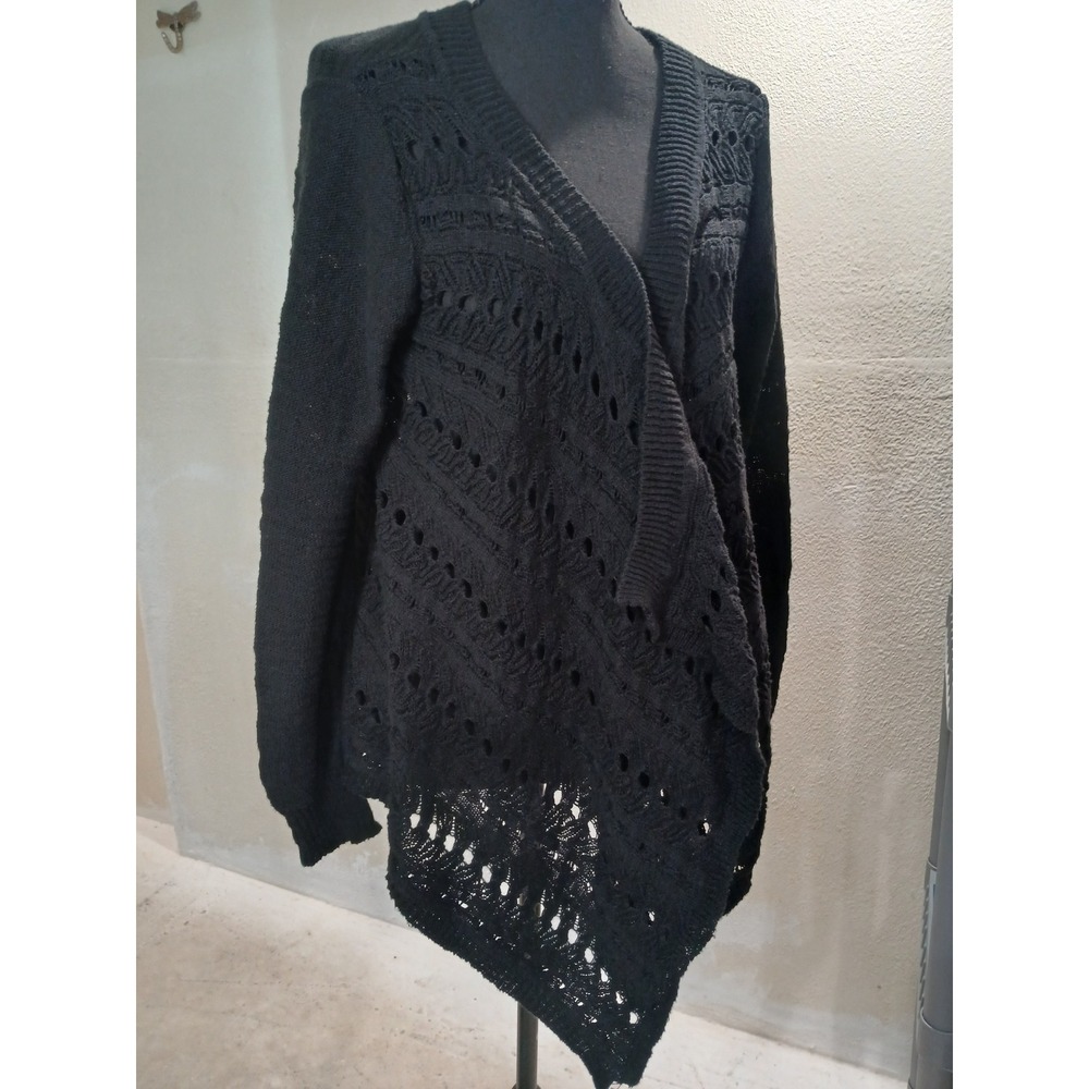 Nine West Jeans Black Open Front Crochet Pointelle Knit Draped Cardigan Large